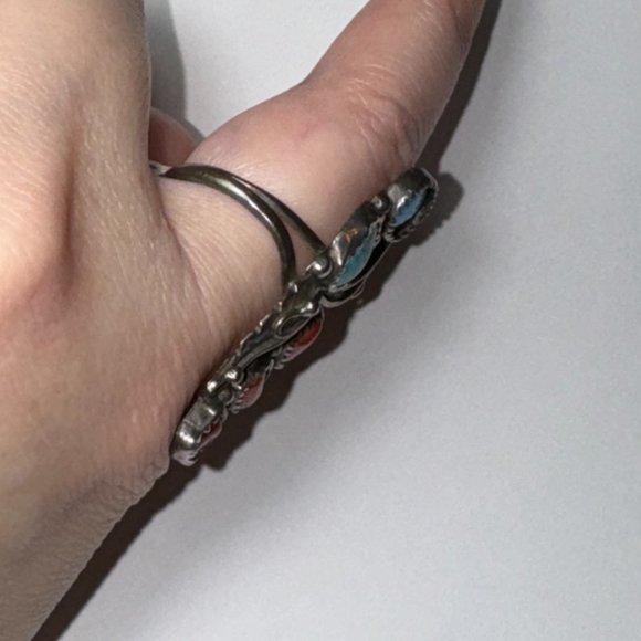 Sterling Silver Turquoise And Coral Ring, Size 9 - Picture 2 of 14